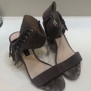 Taupe colored suede sandals with 3in stacked heel